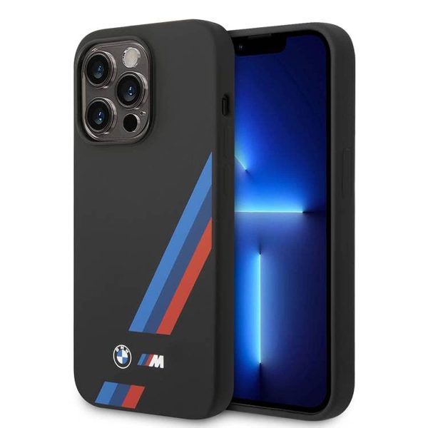 Funda de silicona líquida con rayas tricolor inclinadas y logotipo BMW para iPhone 14 Pro Online